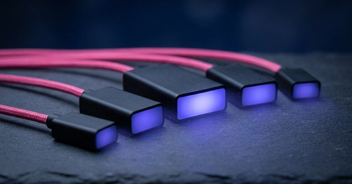 Five pink cables each reach a differently sized module, every module glowing indigo at a different brightness