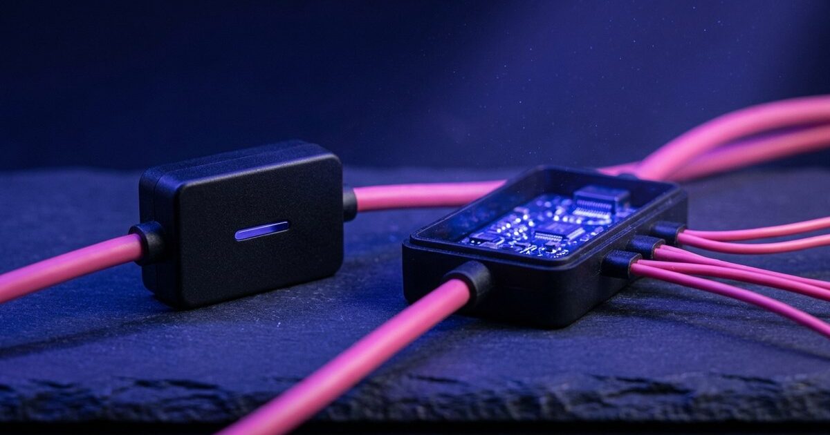 Two modules side by side: one sealed with a cable passing straight through, one opened to reveal lit circuitry and several outputs