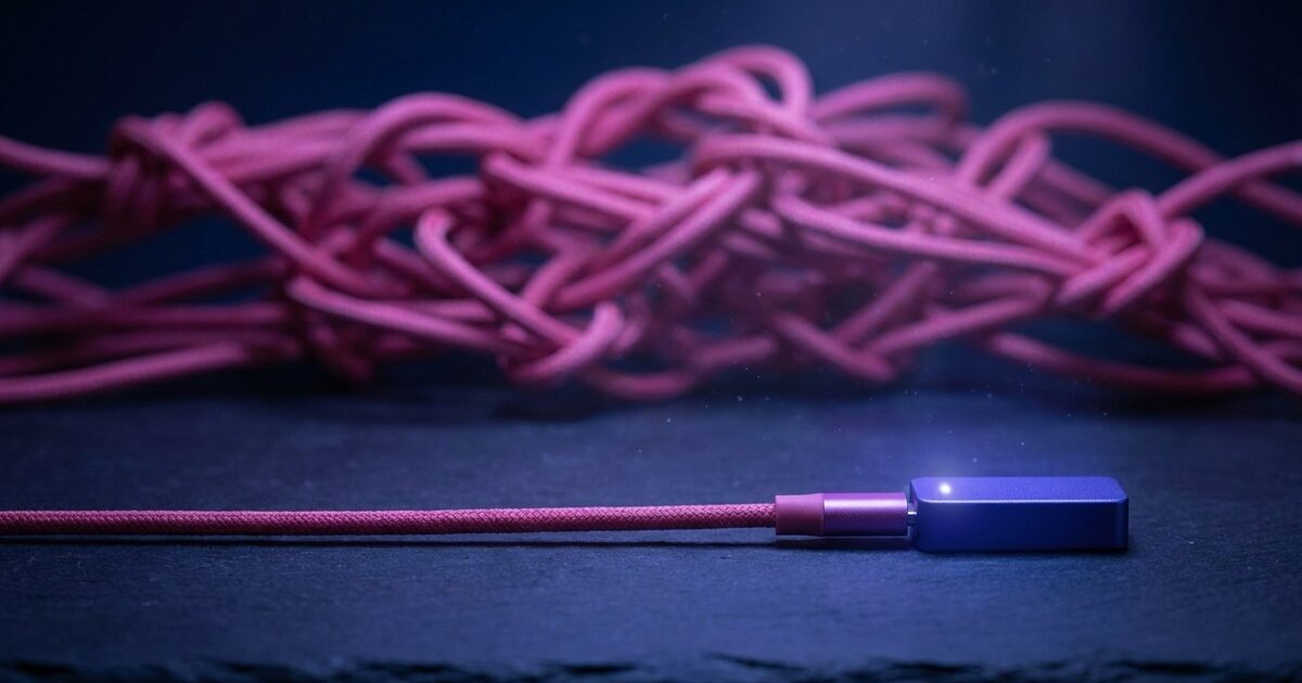 One neat pink cable plugged tidily into a lit module in the foreground, a dense tangle of cables out of focus behind