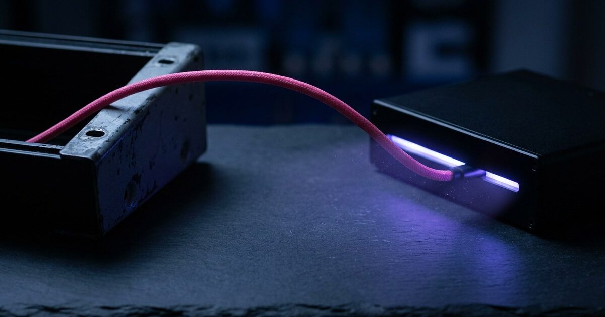 A retired steel equipment rail sits unlit beside a compact modern module glowing indigo, a single pink cable running unbroken between them