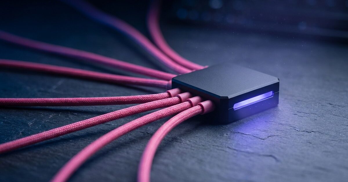 Six pink braided cables fan in from different angles and converge on a single compact module glowing indigo on dark slate