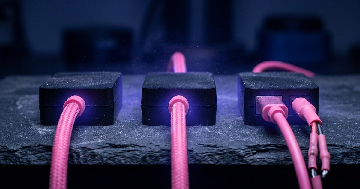 Three modules treated differently by their cables: one terminating, one passing straight through, one re-terminated on the far side