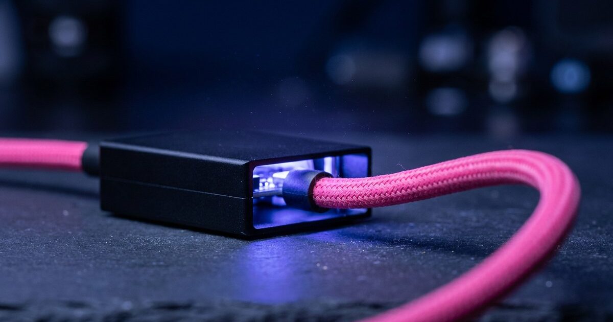 A pink cable enters a small indigo-lit module and a second cable leaves from its far side on a different, shorter route